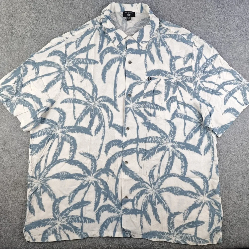 True Religion Hawaiian Shirt Mens 2XL (3XLTag) White Blue Floral Short Sleeve